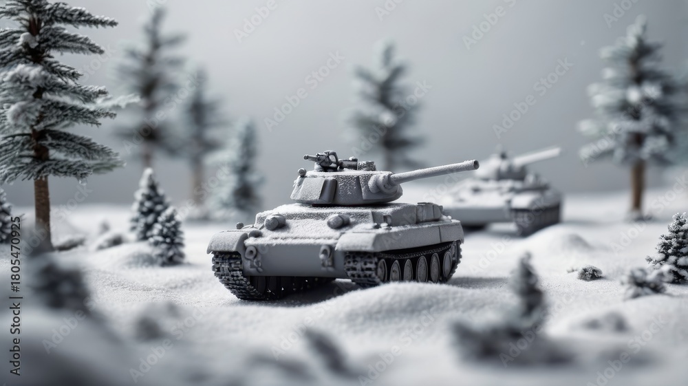 Obraz premium Miniature Tank Brigade in a Snowy Forest, Cold War Game, Winter Landscape