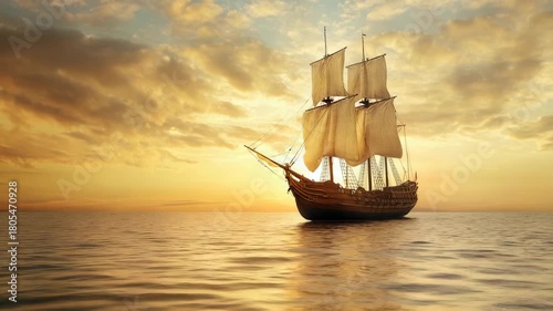 Large historic ship sailing on open sea during sunset
