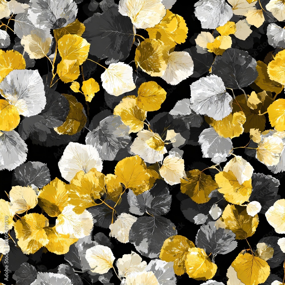 Naklejka premium Seamless pattern with autumn leaves in yellow, gray, and white on a black background for textile, wallpaper, scrapbooking, or digital design.