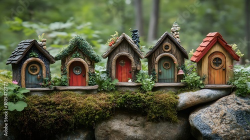 Enchanting fairy village nestled in mossy woods. Five whimsical miniature houses offer rustic charm and fantasy. Ideal for magical storybooks. Abstract Trend Background