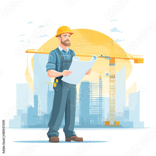 Construction worker looking at a blueprint next to a construction site