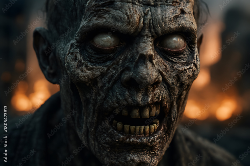 Obraz premium Hyper-Realistic Decaying Zombie Face Close-Up