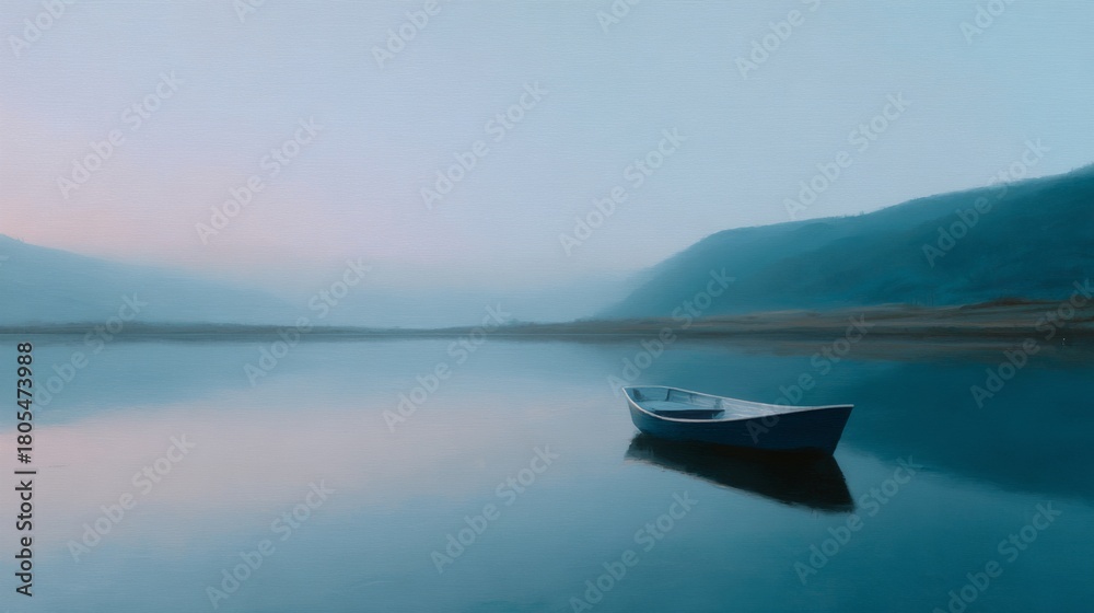 Naklejka premium Small blue boat sits in a calm lake