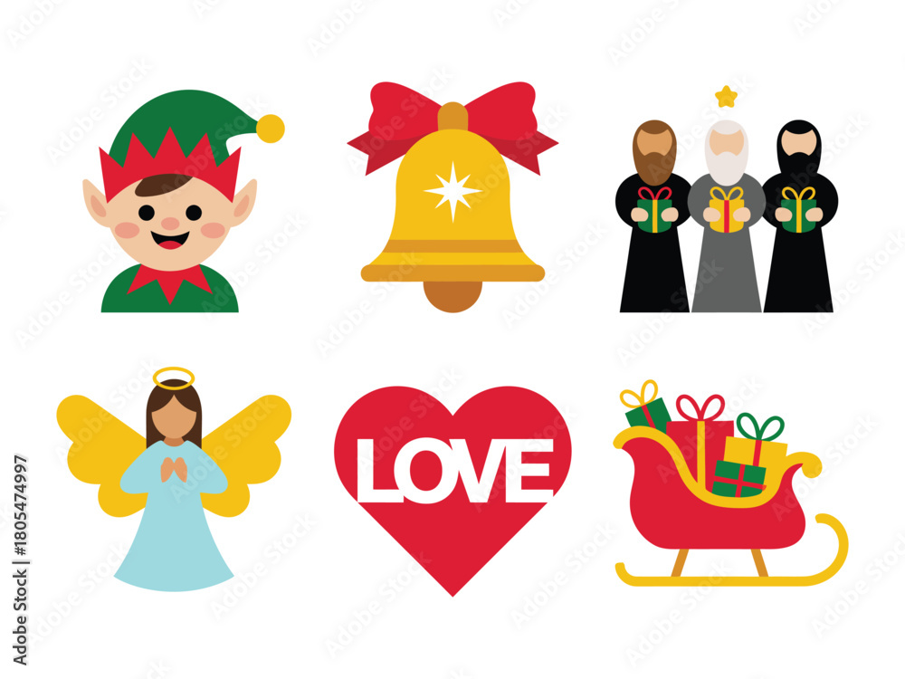 Naklejka premium A collection of festive holiday icons including an elf, bell, wise men, angel, heart, and sleigh.