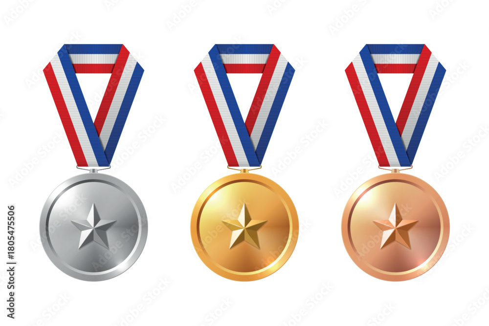 Naklejka premium Vector 3d Gold, Silver, Bronze Medal Set. Award Medals for Sport. Medal Icon, Isolated. Medal Badge Collection. Winner First Second Third Place Trophy Design Template for Championship