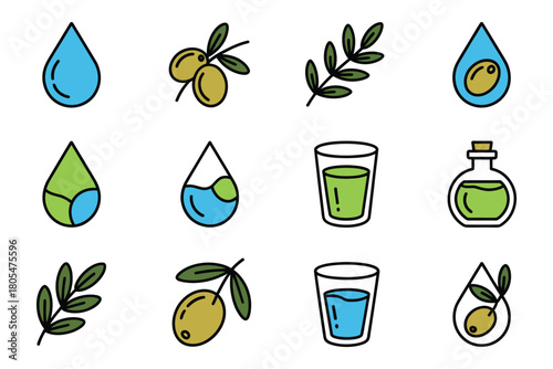A collection of flat design icons representing water, olives, olive oil, and olive branches.