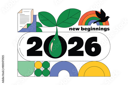 A new beginning in 2026 is represented by a sprouting plant, a rainbow, and a bird taking flight.