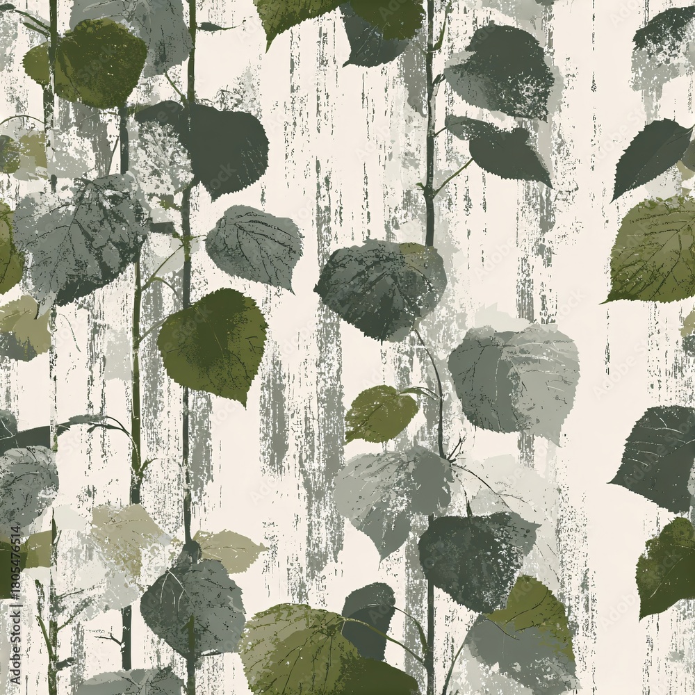 Fototapeta premium Seamless pattern with a grunge background and green leaves on tree branches. Botanical graphic print for textile, fabric, wallpaper, card.