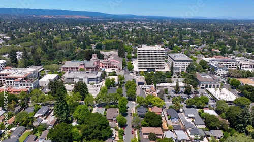 Mountain View historic city center aerial view on Mercy Street including City Hall and Center for the Performing Arts, Mountain View, California CA, USA. 