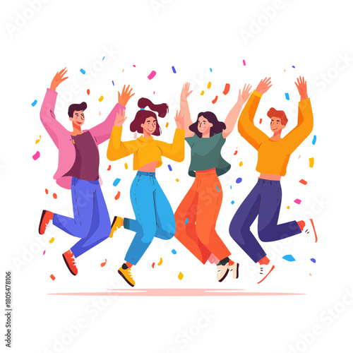 Four diverse people celebrating success with confetti falling