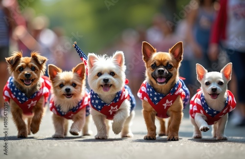 Fototapeta Naklejka Na Ścianę i Meble -  Small dogs walk on street wearing patriotic US flag themed outfits. Group of pets celebrates national holiday at city parade. Cute puppies in festive costumes enjoy event outdoors.