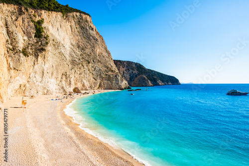 Fototapeta Naklejka Na Ścianę i Meble -  Amazing Porto Katsiki beach with white rock cliffs and blue azure sea, Lefkada island, Greece