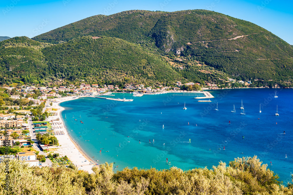 Fototapeta premium View of sea bay with beach and Vassiliki port, Lefkada island, Greece