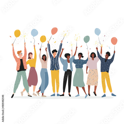 Group of diverse people celebrating with balloons and sparklers