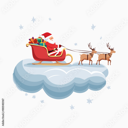 Santa's Sleigh and Reindeer on Cloud - Festive Vector Art