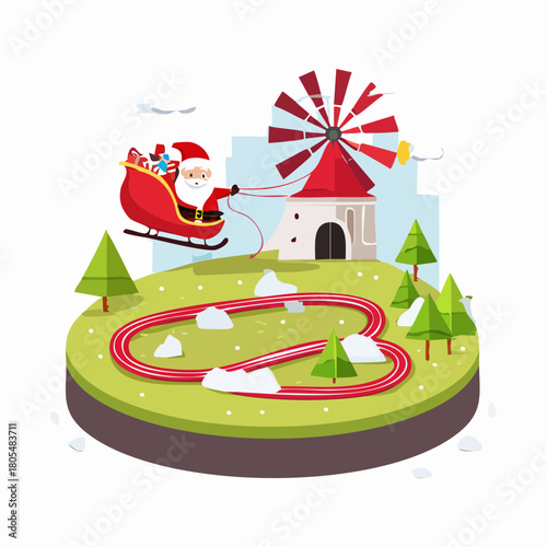Festive Santa Claus Flying Over Whimsical Mini-Golf Course
