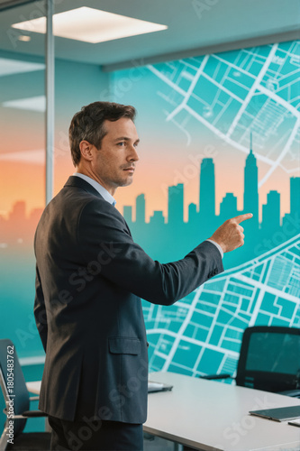 A man in a dark suit standing and pointing at a cityscape map on the wall in an office meeting room.
