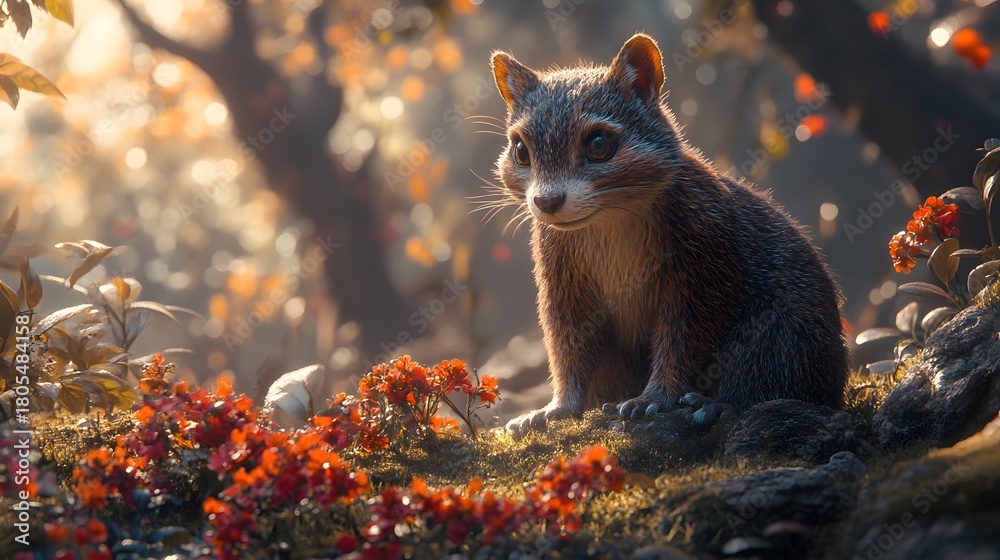 Obraz premium Charming raccoon-like creature amidst vibrant red blossoms in an autumn forest. Warm light accentuates fur and floral hues, set against a blurred backdrop. Abstract Trend Background.