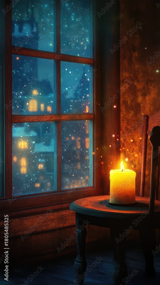 Naklejka premium A candle is lit in front of a window