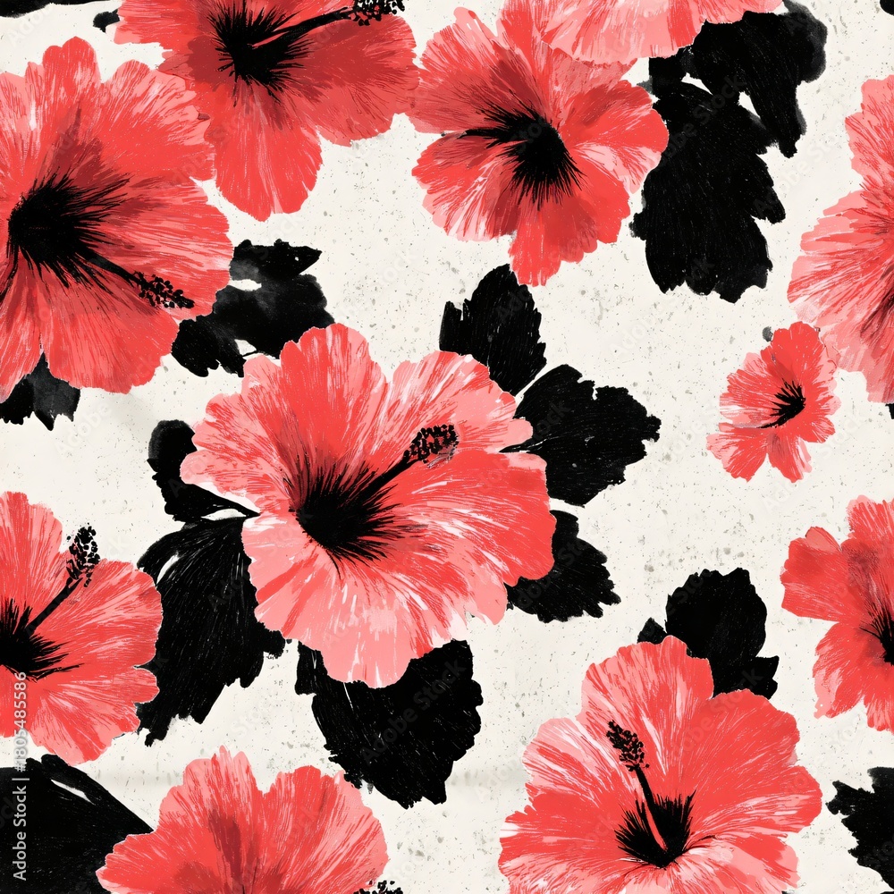 Fototapeta premium Vibrant seamless pattern with red hibiscus flower and dark foliage. Tropical floral digital ornament for textile, fabric, and wallpaper design.