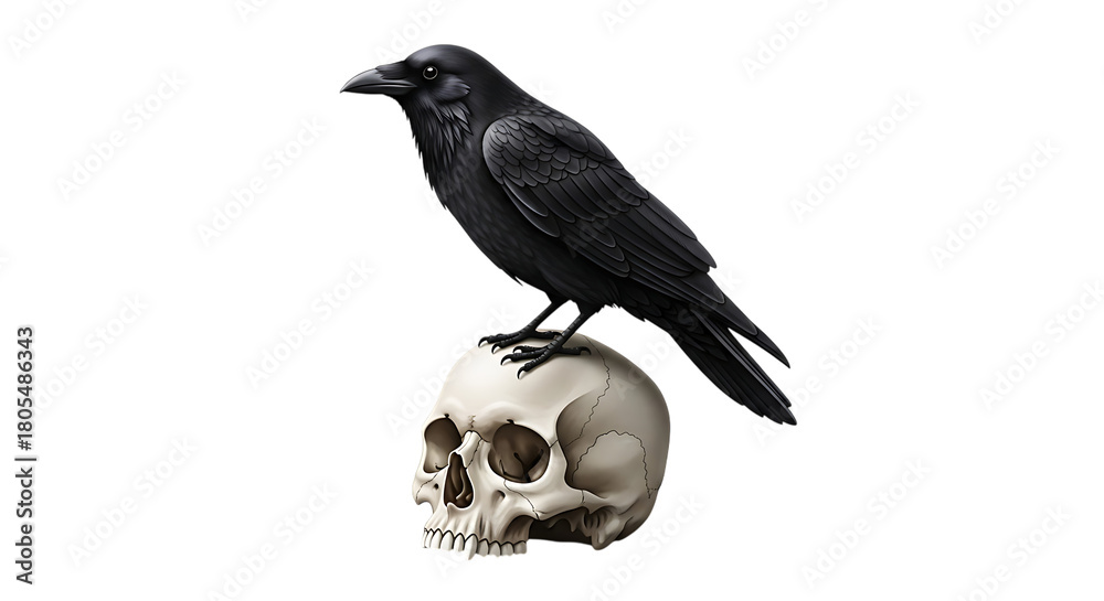 Naklejka premium Black raven, perched on a detailed human skull, cutout, PNG isolated on transparent background