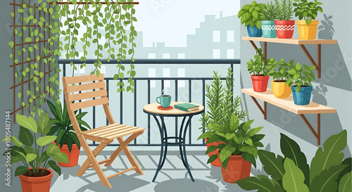 Cozy Balcony Garden Oasis with Plants and Relaxing Atmosphere Illustration