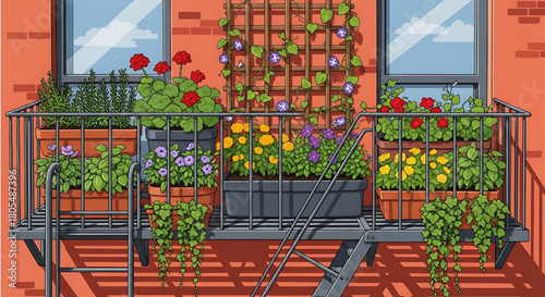 Balcony Garden Oasis: Flowers, Vines, Urban Gardening Illustration