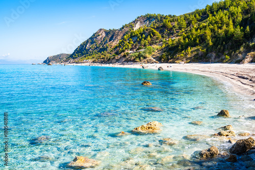 Fototapeta Naklejka Na Ścianę i Meble -  Amazing Avali beach with turquoise blue sea, Lefkada island, Greece
