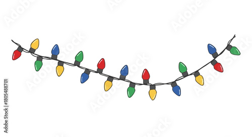 Colorful Christmas string lights hanging on a white background  