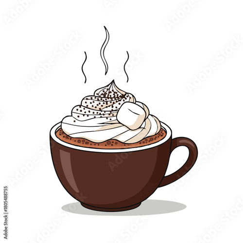 Hot chocolate mug topped with whipped cream and marshmallows for Christmas  