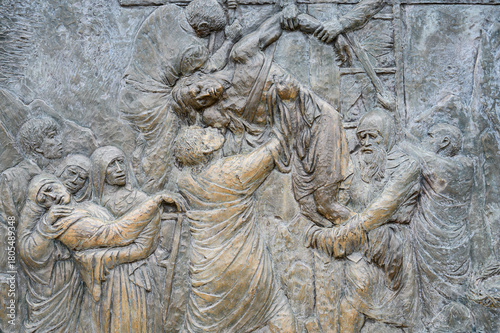 Station XIII: Jesus is taken down from the Cross. The Way of the Cross on Mount Križevac (the Cross Mountain) in Medjugorje.