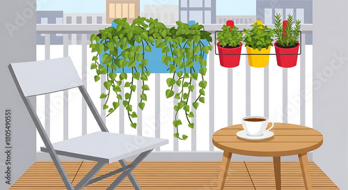 Serene Balcony Oasis: Relaxing Space with Plants and Coffee