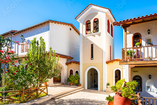 Courtyard and old historic buildings of Faneromeni monastery, Lefkada island,...