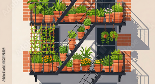Urban Balcony Garden Oasis Illustration with Potted Plants and Fire Escape