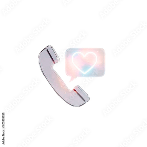 Glassmorphism Phone Icon with Glowing Heart Message Bubble with transparent background. 