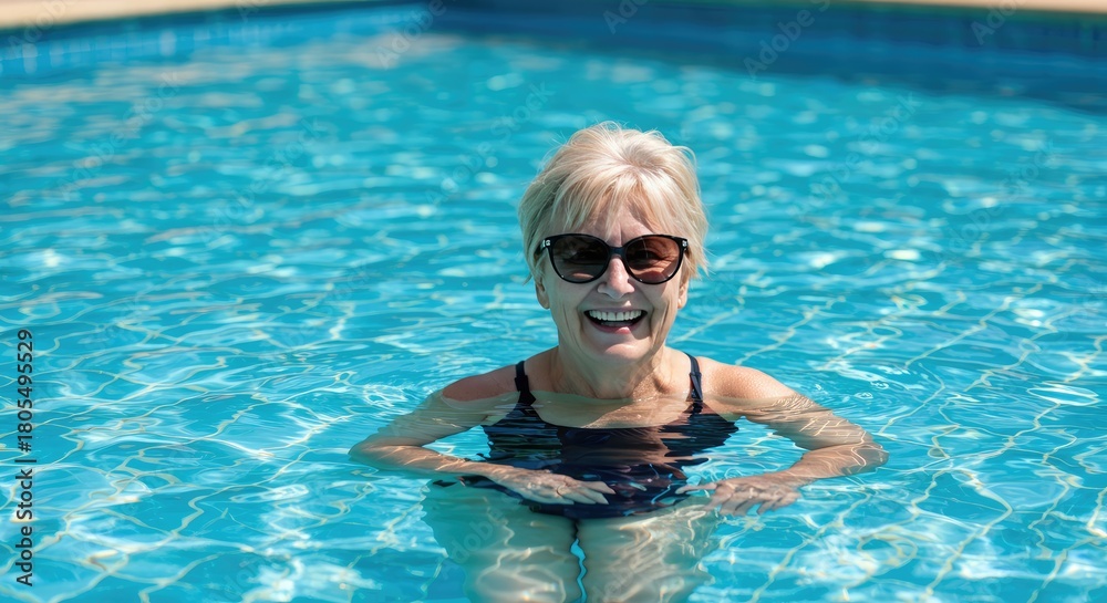 Naklejka premium Smiling woman in sunglasses enjoys a refreshing swim in a sparkling blue pool