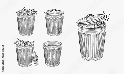 Doodle style trash can sketch in vector format.  Set includes garbage cans in a variety of states
