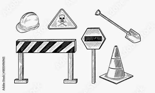 Doodle style road construction equipment sketch in vector format. Includes hardhat, sawhorse, caution warning, and slow sign.