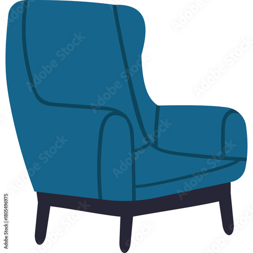 Deep Blue Wingback Armchair with Dark Wood Legs Isolated on Transparent Background