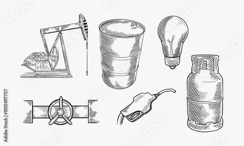 Doodle style oil and gas energy sketch in vector format. Set includes gas pump, oil well, light bulb, and barrel.