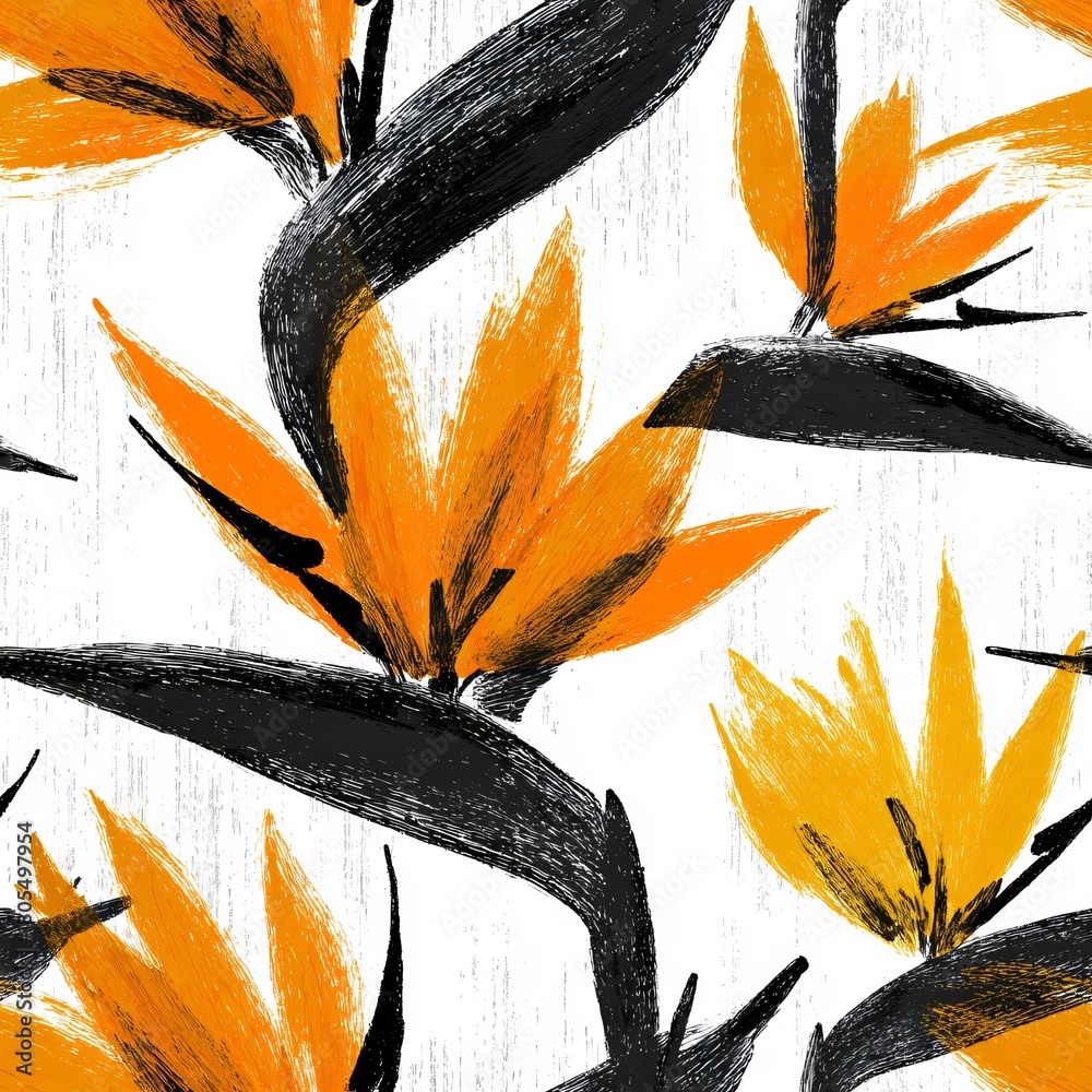 Obraz premium Seamless pattern with tropical flower bird of paradise. Exotic floral background for wallpaper, textile, fabric. Artistic flora print.