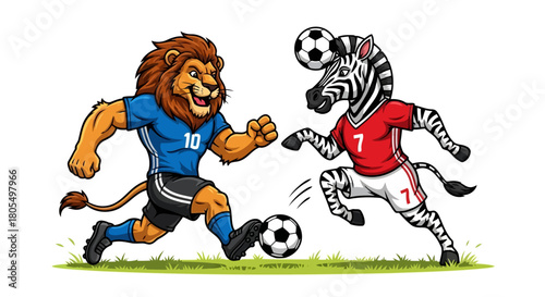 Lion and zebra cartoon characters playing soccer football wearing sports jerseys on a green grass field with a white background illustration