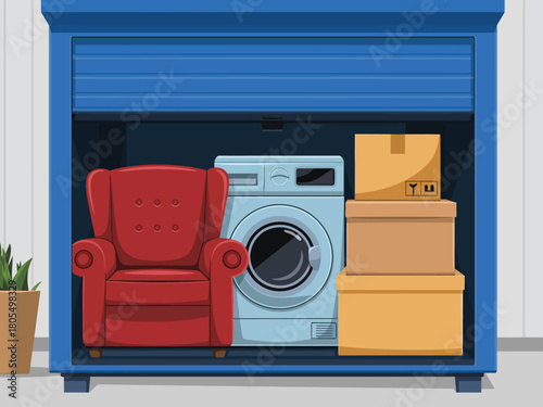 Storage unit filled with furniture and moving boxes