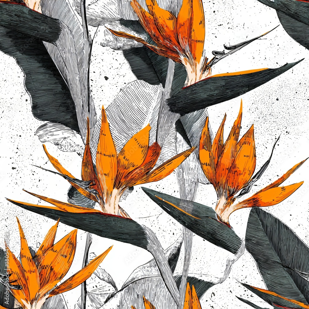 Obraz premium Seamless pattern with orange bird of paradise flower. Tropical floral design with graphic tropical plant, abstract fabric print for decor and paper.