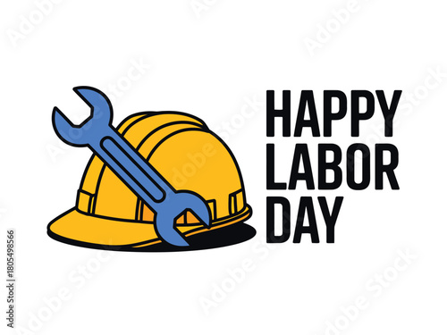 Happy labor day with hardhat and wrench illustration