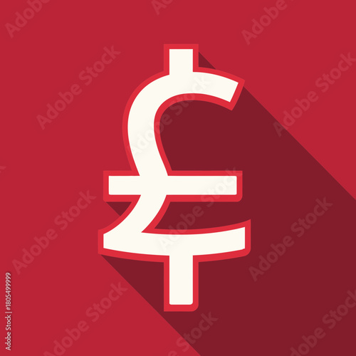 A flat currency symbol icon with long shadow on red background