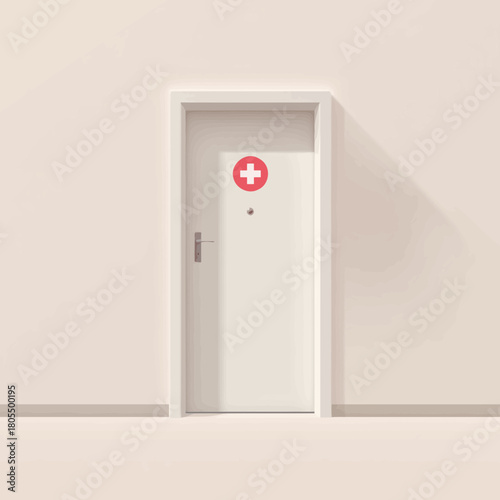 Flat illustration of a white hospital room door with a red cross