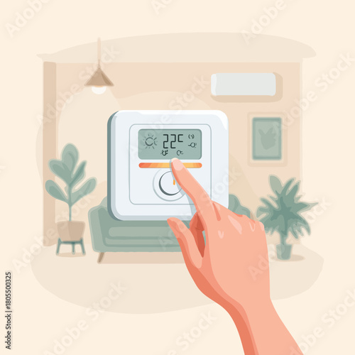 A Hand Adjusting a Digital Thermostat in a Living Room Setting