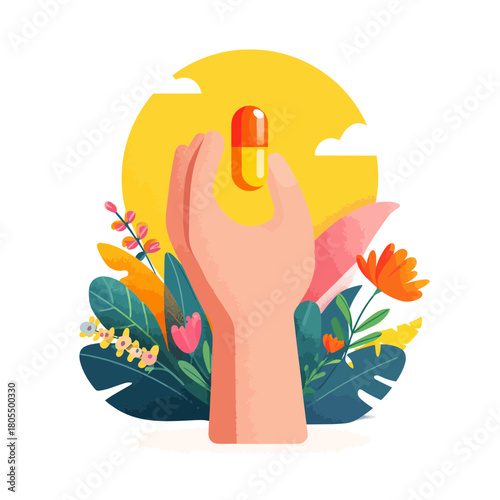 A hand holding a vitamin pill in a floral illustration