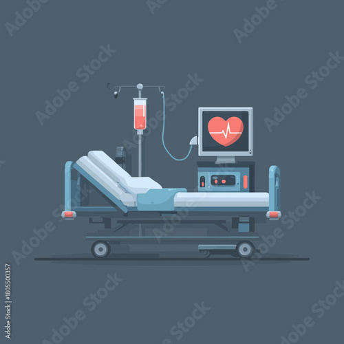 Flat vector illustration of a hospital bed and heart monitor